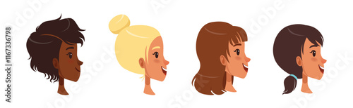 Woman Smiling Face Head with Different Hairstyle Vector Set