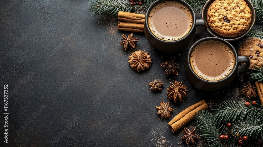 Cozy Winter Hot Chocolate with Cookies and Spices Flat Lay Cozy Winter Hot Chocolate with Cookies and Spices Flat Lay