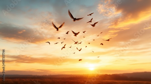 A stunning scene of birds in flight against a vibrant sunset backdrop, showcasing the beauty of nature and the freedom of wildlife in motion across a peaceful sky.