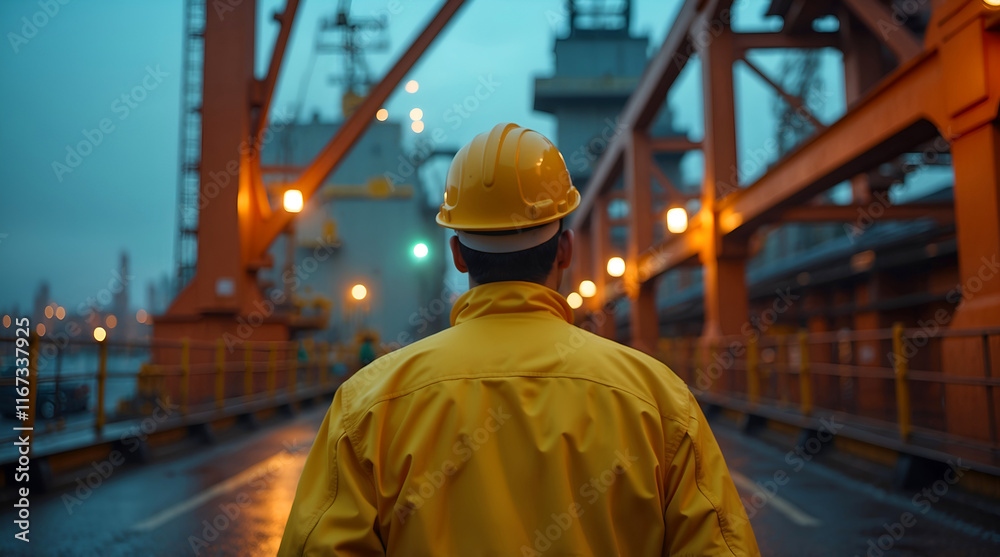 Industrial photo of shipyard at dusk highlighting worker, illuminated cranes, and reflective surfaces in a dim atmosphere Industrial photo of shipyard at dusk highlighting worker, illuminated cranes, and reflective surfaces in a dim atmosphere
