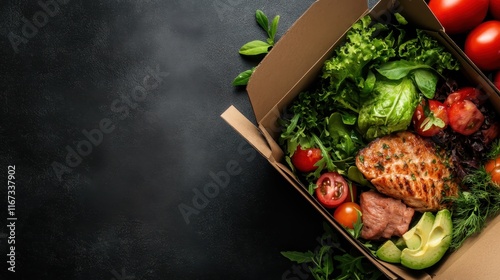 A colorful salad box filled with fresh greens, ripe tomatoes, creamy avocado, and various vegetables, presenting a vibrant and healthy meal option for any gourmet lover. photo