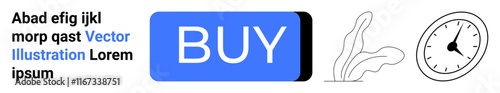 Blue BUY button, abstract outline of a leaf, classic clock face, and sample text in blue and black letters. Ideal for online shopping, time management, minimalism, modern design, e-commerce, vector