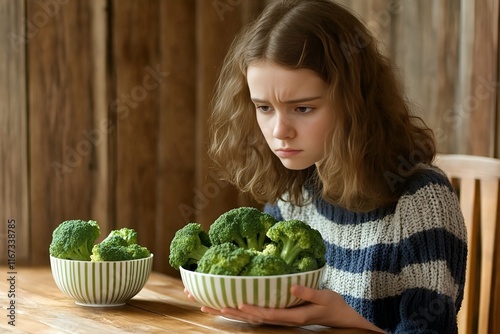 Young girl with serious expression holding bowl of fresh broccoli while sitting at wooden table next to another bowl of broccoli while handing over
