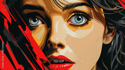 Expressive Pop Art Illustration of a Surprised Lady.  Retro  Portrait of a Pretty Woman photo