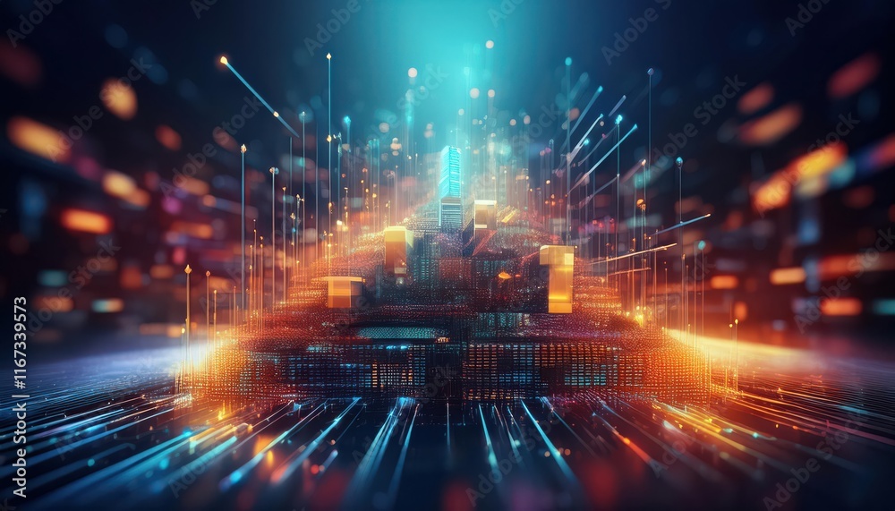 Fototapeta premium A vibrant, futuristic cityscape with glowing lights, representing technology, data, and digital innovation in a dynamic, abstract style.