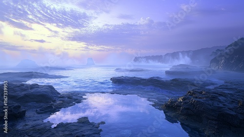 Majestic Coastal Panorama: Dusk on a Rocky Shoreline with Mist, Tide Pools, and Cliffs