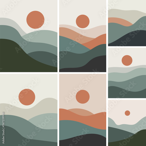 An abstract blackout landscape depicting undulating mountain lines in cool greens and muted grays. The sun creates a dramatic accent on the background.