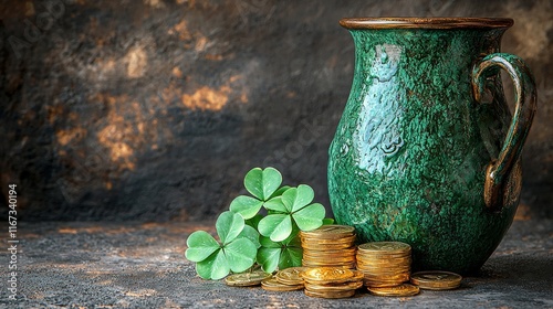 Green pitcher, gold coins, shamrock, dark background for luck concepts. photo