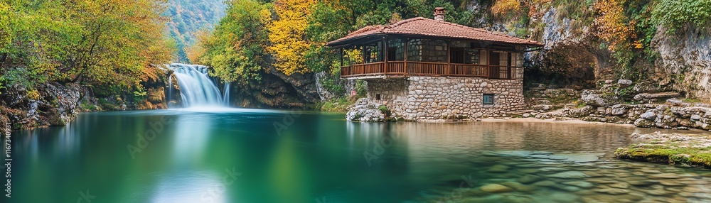 Scenic view of a tranquil house by a river with autumn foliage and a waterfall. Scenic view of a tranquil house by a river with autumn foliage and a waterfall.