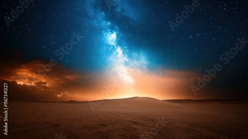 A stunning view of the Milky Way's brilliance illuminating the desert dunes, showcasing a dramatic transition between colors at night amidst the starry sky. photo