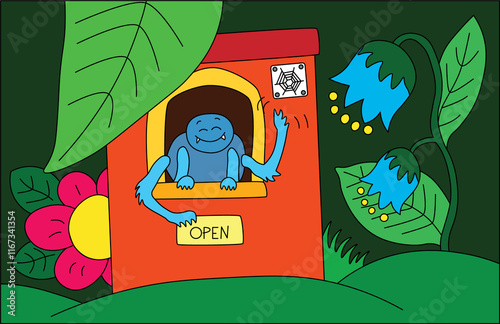 happy blue spider sitting in small building holding sign saying open, building in forest photo