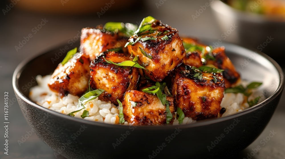 A bowl of delicious glazed tofu served over fluffy rice brings together rich textures and flavors, creating an appealing dish that’s perfect for any culinary enthusiast. A bowl of delicious glazed tofu served over fluffy rice brings together rich textures and flavors, creating an appealing dish that’s perfect for any culinary enthusiast.