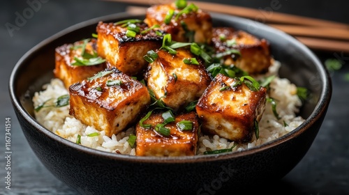 Savor the delectable glazed tofu piled on fluffy white rice in a black serving bowl, showcasing an inviting presentation that’s sure to tempt any food lover's palate.