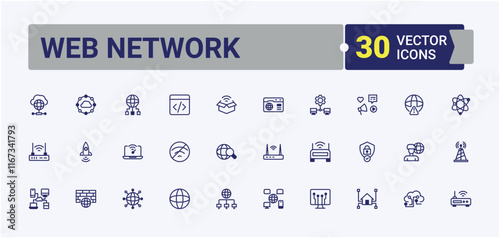 Web Network icons. Includes icons for access, Internet, connection, computing, server, social, networking, information and more. Minimal linear icons. Vector outline and solid icons collection.