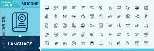 Language lined icons set. Contains related to vocabulary, ai, text, person and more. Perfect for logos and infographics. Vector outline and solid icons collection.