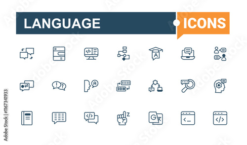 Language icon set. Contains related to ai, speak, pronunciation, dialogue, dialog, art, global and more. Minimal icons. Vector line and solid icons.