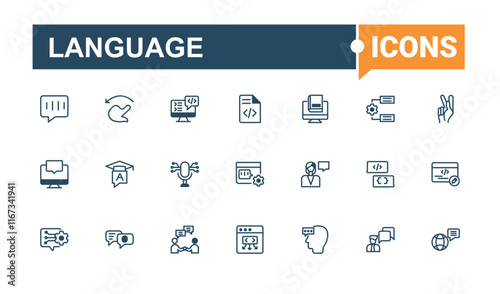 Language icon set. Contains related to ai, speak, pronunciation, dialogue, dialog, art, global and more. Minimal icons. Vector line and solid icons.