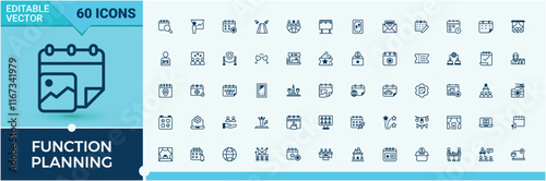 Function Planning icon. It contains symbols to event, drink, festival, gift, cake, planning, mask, budgeting. Thin linear style icons. Outline and solid pictogram.