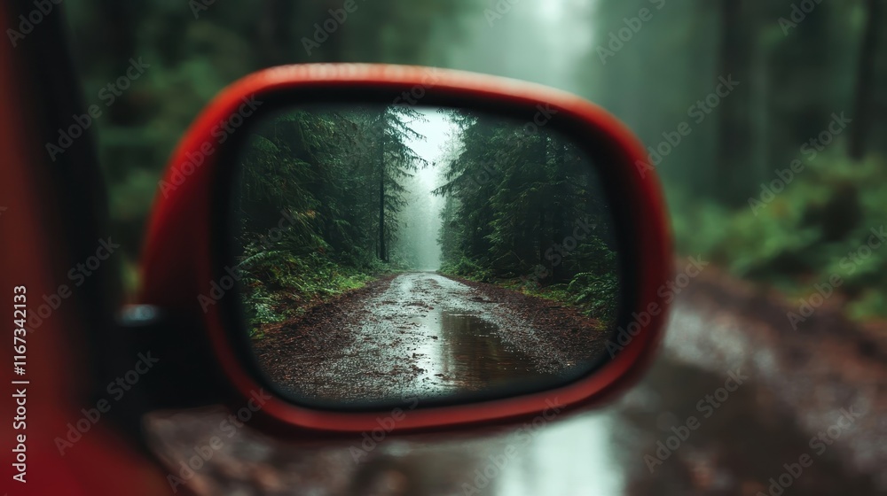A close-up view of a side mirror capturing a misty forest road, displaying the soothing greens and earthy tones that create a peaceful ambiance in nature. A close-up view of a side mirror capturing a misty forest road, displaying the soothing greens and earthy tones that create a peaceful ambiance in nature.