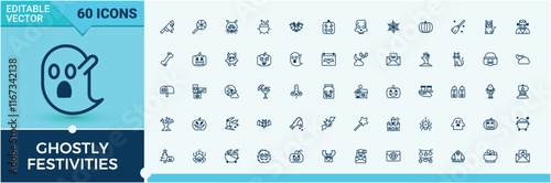Ghostly Festivities linear icon collection. Includes thin line scary, pumpkin, event, autumn, halloween and more. Symbol. Editable vector outline and solid icons.