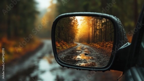 A beautiful capture of an autumn sunset reflected in a car's side mirror, showcasing golden hues and vibrant foliage that evoke feelings of warmth and nostalgia.