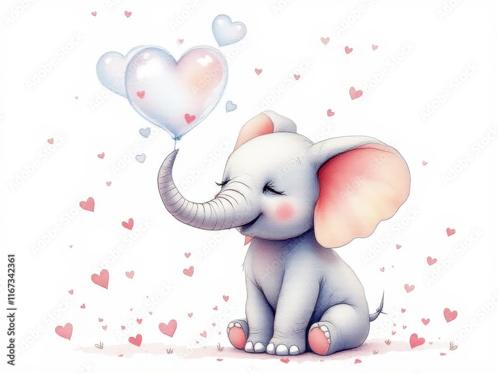 Obraz premium Cute elephant holding hearts, a sweet and tender illustration, ideal for Valentine's Day, baby or children's designs.