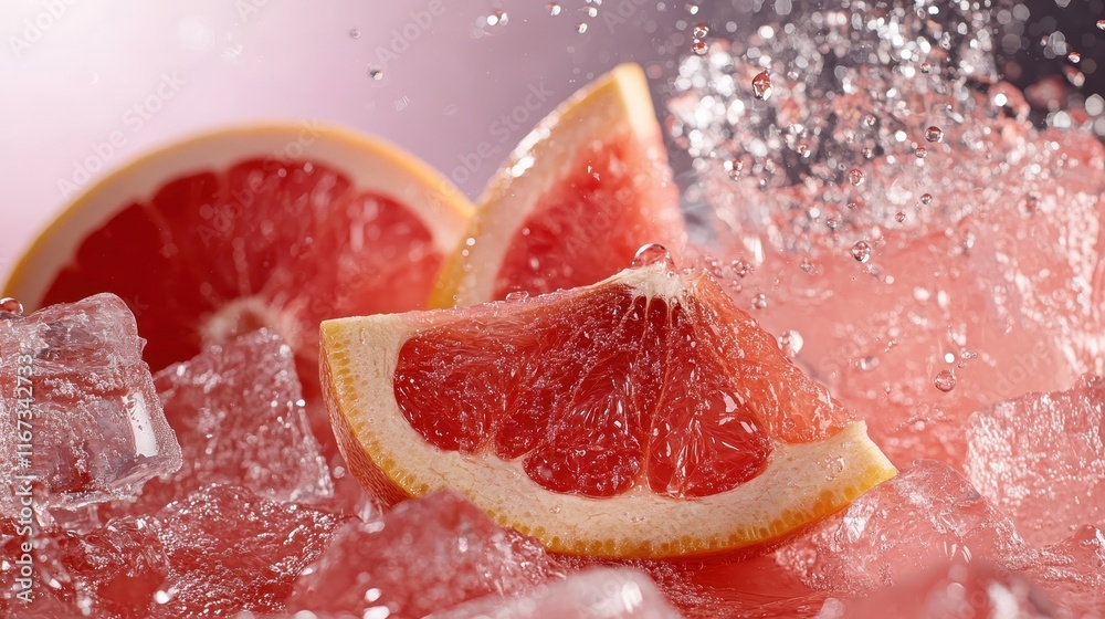 An eye-catching arrangement of succulent grapefruit slices with sparkling water droplets creating a dynamic and lively atmosphere, perfect for food and beverage promotion. An eye-catching arrangement of succulent grapefruit slices with sparkling water droplets creating a dynamic and lively atmosphere, perfect for food and beverage promotion.