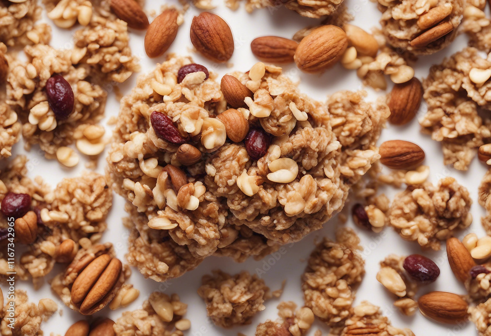Crunchy granola muesli pile with nuts isolated on white background top view Crunchy granola muesli pile with nuts isolated on white background top view