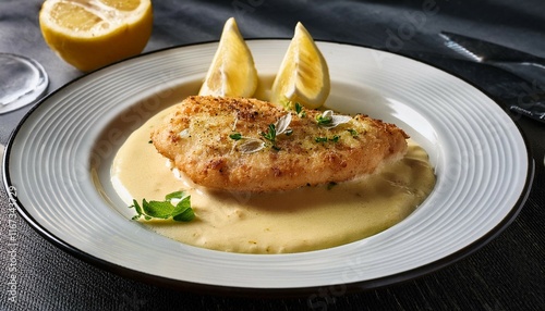 tasty chicken piccata with lemon sauce served on a dish photo