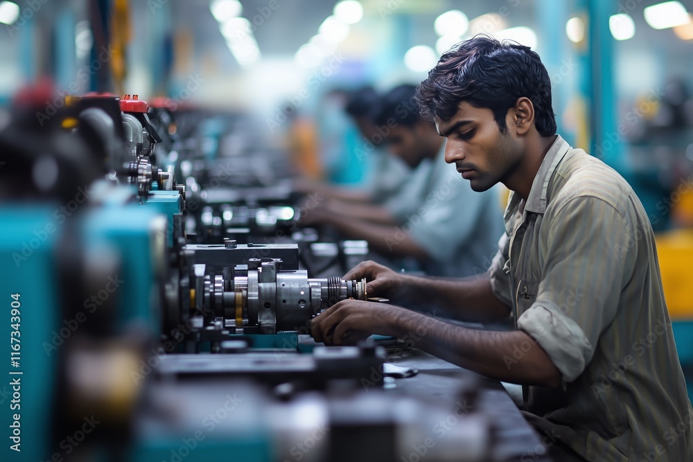 Indian laborers work diligently on a crowded assembly line in a car manufacturing plant surrounded by various tools and car parts during daytime hours Indian laborers work diligently on a crowded assembly line in a car manufacturing plant surrounded by various tools and car parts during daytime hours