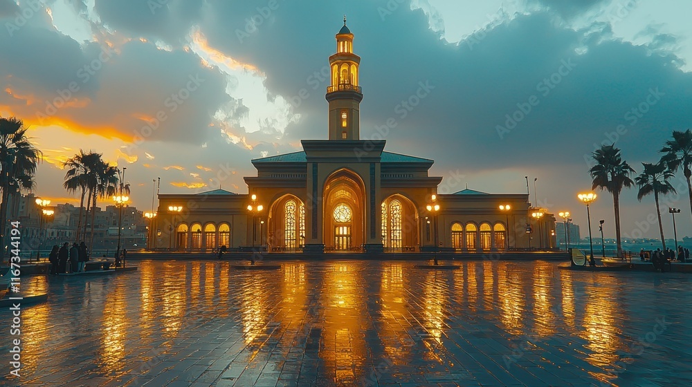 Obraz premium Illuminated mosque at sunset reflecting on wet plaza.