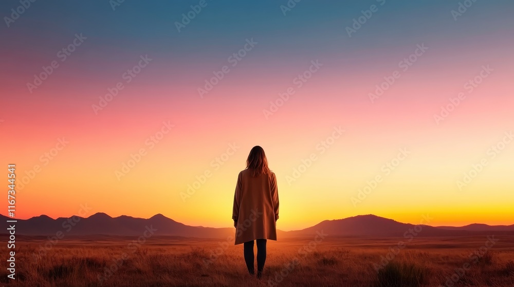A silhouette of a person wearing a long coat stands against a magnificent sunset, surrounded by mountains, evoking feelings of adventure and wonder in nature's grandeur. A silhouette of a person wearing a long coat stands against a magnificent sunset, surrounded by mountains, evoking feelings of adventure and wonder in nature's grandeur.