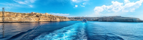 Scenic view of coastline with clear blue waters and vibrant sky.