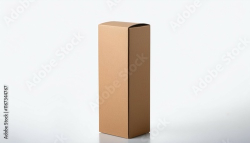 a tall narrow kraft paper box with a removable lid placed symmetrically on a white surface photo