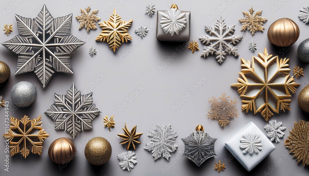 Fototapeta premium a flat lay featuring decorative snowflakes in silver and gold accents