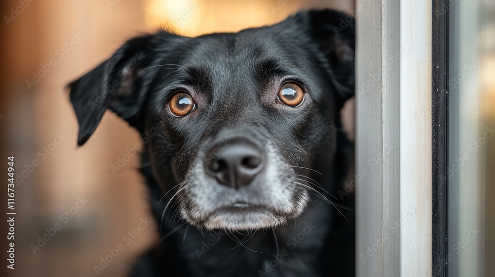 This black dog, with its soulful expression, peers through a glass door, inviting feelings of empathy and reflection, making it a perfect image for animal lovers. This black dog, with its soulful expression, peers through a glass door, inviting feelings of empathy and reflection, making it a perfect image for animal lovers.