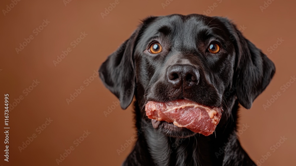A black Labrador retriever proudly holds a piece of meat in its mouth, showcasing a playful and affectionate demeanor, perfect for pet lovers and food enthusiasts. A black Labrador retriever proudly holds a piece of meat in its mouth, showcasing a playful and affectionate demeanor, perfect for pet lovers and food enthusiasts.