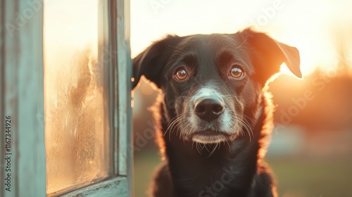 A black dog stands outdoors bathed in the warm glow of sunset, its expressive eyes revealing emotions of loyalty and love, perfect for pet and nature photography.