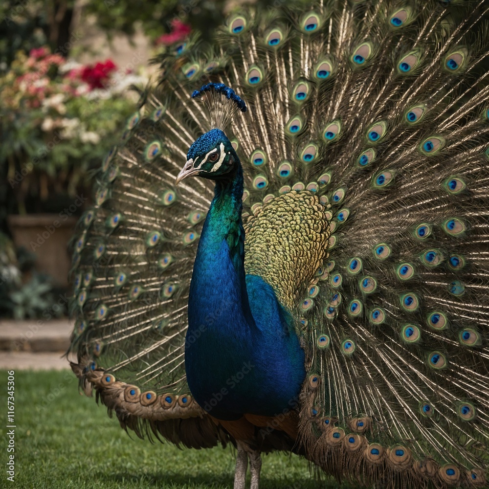 Obraz premium Capture a peacock strutting in a palace garden.