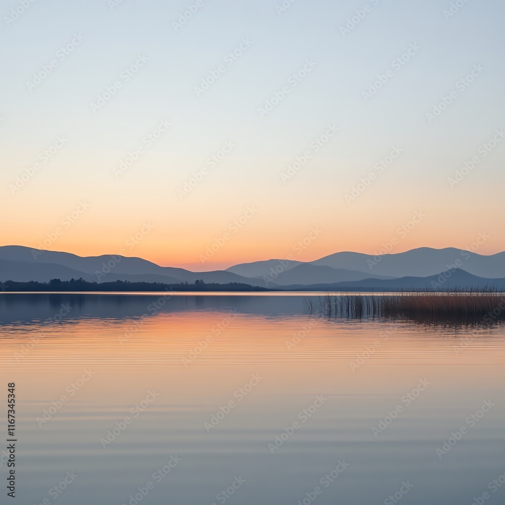 Serene lake at sunset, reflecting mountains and colorful sky. Serene lake at sunset, reflecting mountains and colorful sky.