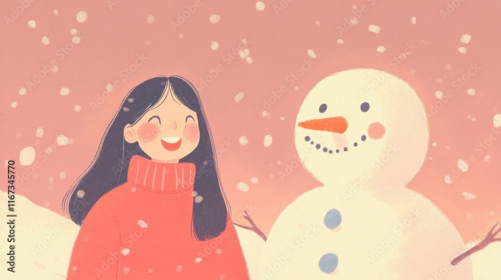 Joyful winter scene with smiling girl in vibrant sweater and cheerful snowman in pastel colors Joyful winter scene with smiling girl in vibrant sweater and cheerful snowman in pastel colors