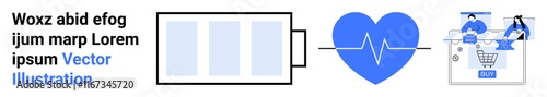 Charged battery, heartbeat icon, and an online shopping interface with users. Ideal for technology, health monitoring, E-commerce, energy, digital interaction user experience innovation. Landing