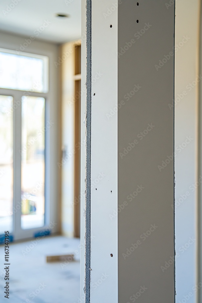 Close-up of primed drywall in a modern house under construction showcasing a smooth professional finish. Close-up of primed drywall in a modern house under construction showcasing a smooth professional finish.
