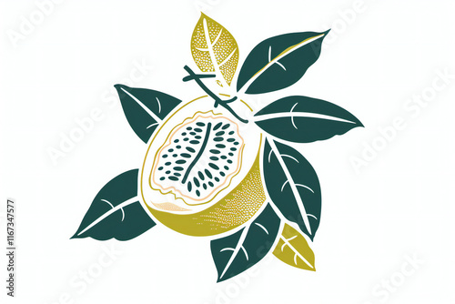Hand-Drawn Watercolor Illustration of Green Grapefruit with Leaves and Branch, Fresh Citrus Fruit and Botanical Art