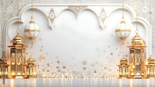 Luxurious Arabian background with ornate gold and white lanterns on white background , Design concept of Ramadan Kareem and Eid with copy space photo