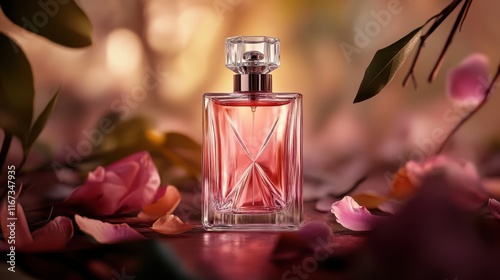 A chic perfume bottle stands beautifully amidst soft blooming petals illustrating a sense of elegance, sophistication, and the allure of luxurious fragrances in this artistic capture. photo