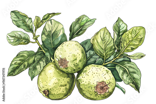 Hand-Drawn Watercolor Illustration of Green Grapefruit with Leaves and Branch, Fresh Citrus Fruit and Botanical Art