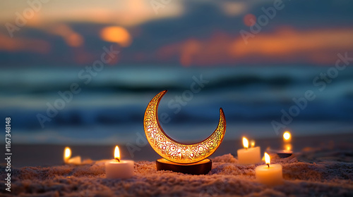 A beautifully lit traditional candle with a crescent moon shape on the beach. It's a festive backdrop for the holy month of Ramadan photo