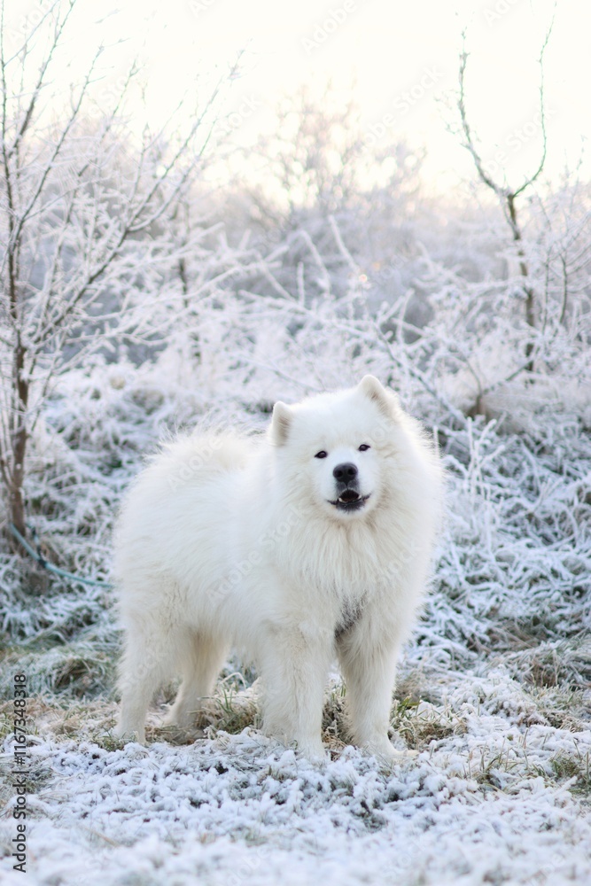 Fototapeta premium a purebred adult Samoyed standing in the middle of a snowy landscape