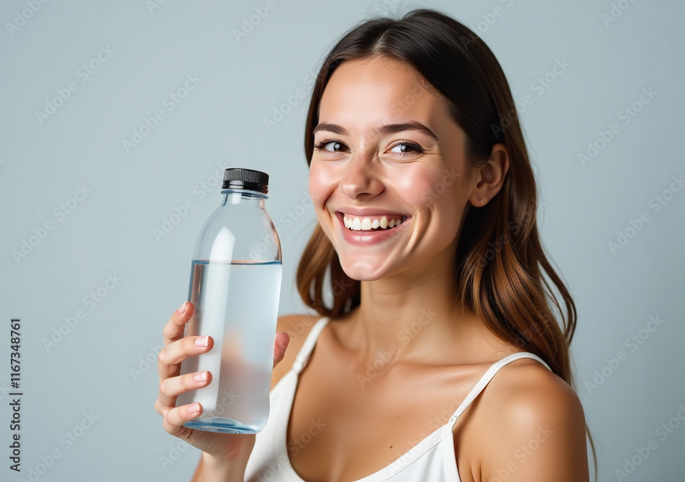 happy young woman smiles water glass bottle grey happy young woman smiles water glass bottle grey